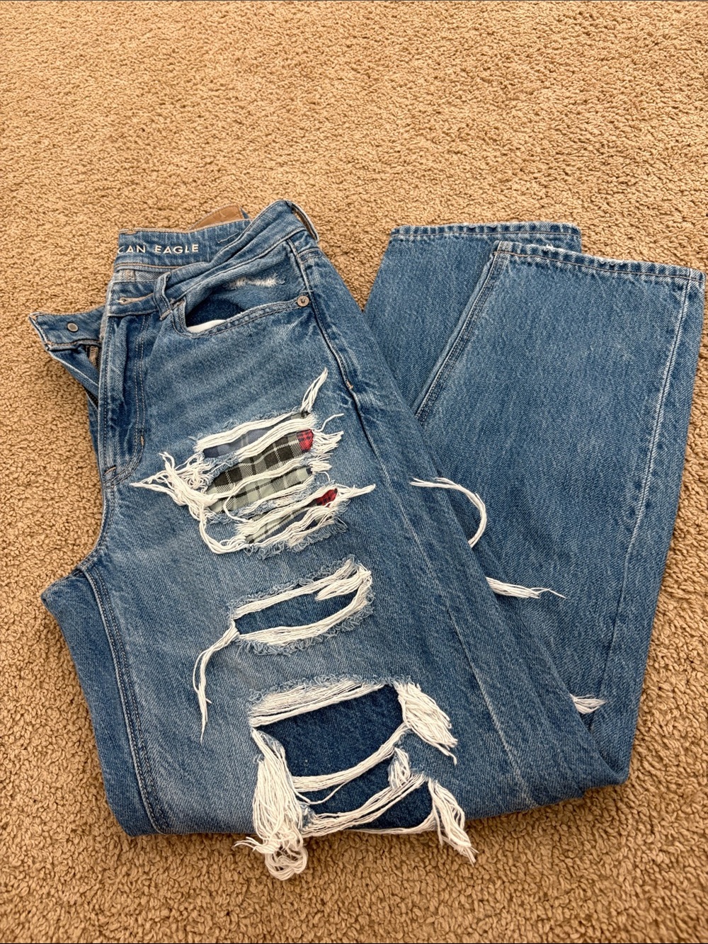 American Eagle Outfitters Distressed Blue Denim Jeans with Plaid Patch